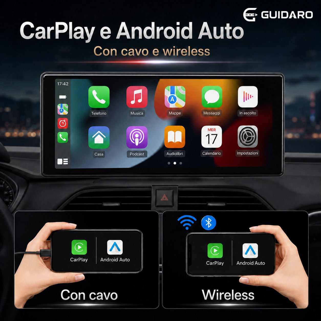 Apple CarPlay e Android Auto su Drive 10, in collegamento con cavo e wireless